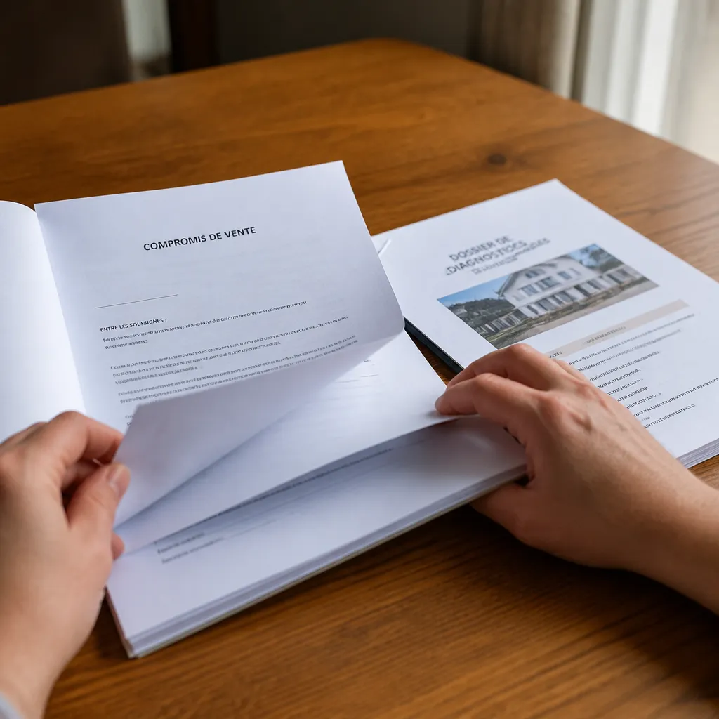 Compromis de vente et dossier de diagnostics feuilletés sur une table avant signature