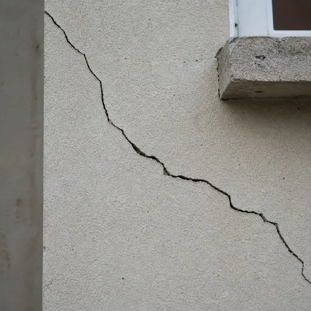Fissure ouverte sur une façade d’immeuble, vue rapprochée après réception des travaux
